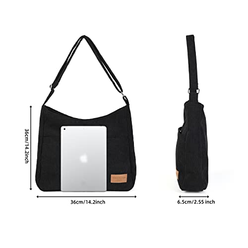 Casual Tote Bag Women Large Corduroy Crossbody Bag Girls School Shoulder Tote Fashion Handbag Hobo Bag Purse, Black #TOP2