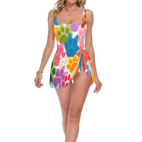 Maillot de bain gainant pour camoufler les rondeurs motif pattes de chat colorées confortable