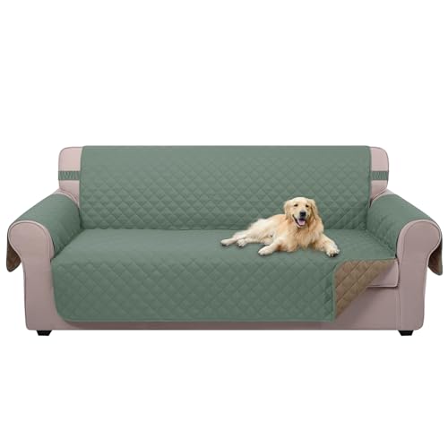 U-NICE HOME Reversible Sofa Cover Couch Cover for Dogs with Elastic Straps Water Resistant Furniture Protector for Pets Couch Cover for 3 Cushion Couch (Sofa, Greyish Green/Taupe)