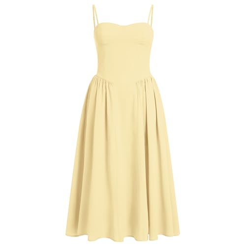 Women Floral Corset Dress Boho Spaghetti Strap Lace Up Casual Midi Dresses with Pockets Low Cut Flowy Bustier Sundress