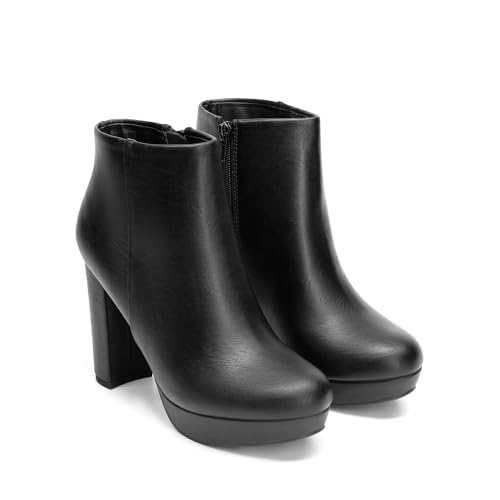 DREAM PAIRS DREAM PAIRS Women's High Heel Ankle Boots Chunky Platform Booties,Size 7.5,Black/Pu,STOMP