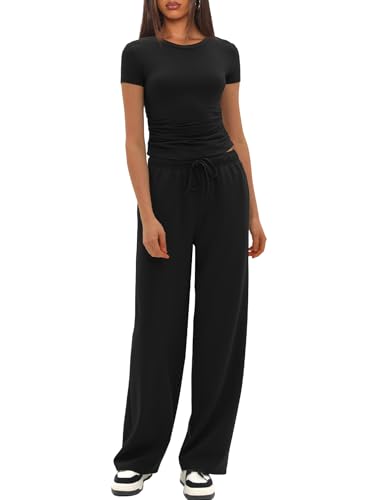Darong Women's 2 Piece Outfits Casual Short Sleeve Pullover Tops and Wide Leg Pants Tracksuits Lounge Sets Trendy Clothes2
