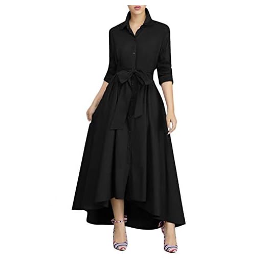 VERWIN Women Long Sleeve Loose Elegant Maxi Dress Button Down Up Shirt Long Dress with Pockets and Belts (L, Black)