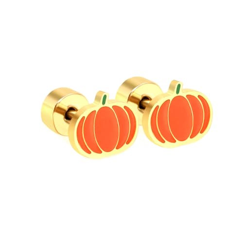 20G Pumpkin Enamel Halloween Flat Screw Back Small Stud Earrings for Women Men Minimalist Surgical Steel Gold Plated Tiny Mini Cartilage Tragus Piercing Sleeper Studs Hypoallergenic Party Birthday Gift Her Daughter