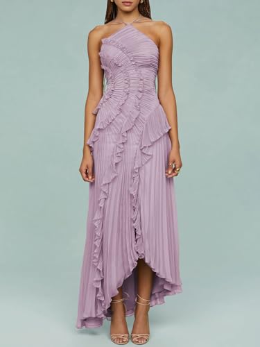 Image of Women Y2k Backless Long Dress Halter Tie Neck Maxi Dress Flowy Beach Sundress Summer Streetwear