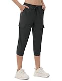 Womens Capri Cargo Joggers Pull on Capris Pants Crop Cropped Golf Pants with Pockets and Drawstring, BK XL Black