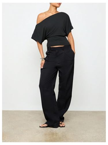 SweatyRocks Women's Off The Shoulder Tops Ruched Dolman Short Sleeve Trendy Casual T Shirts4