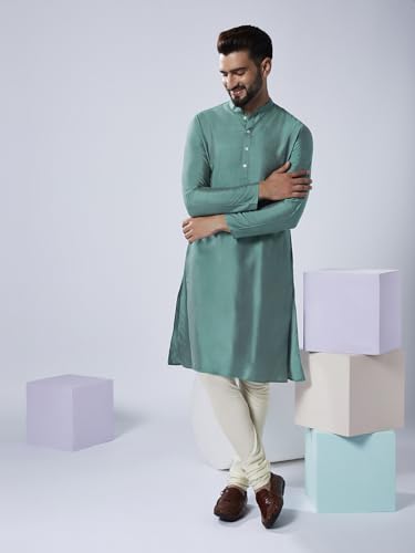 Image of KISAH Men Printed Kurta Jacket Set, Full Sleaves, Knee Length, Straight, Regular Fit, Mandarin Collar Ethnic Wear
