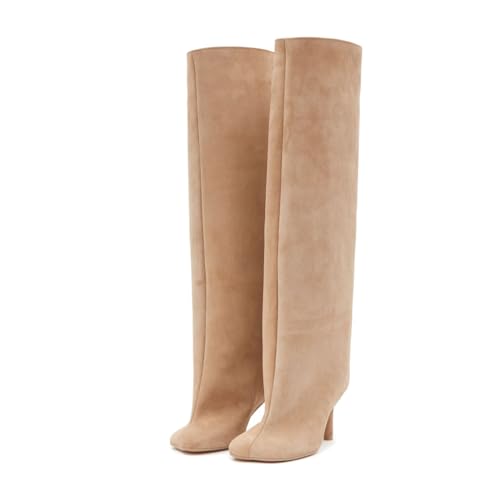 Women's Knee High Boots Nude Suede Wide Calf Stiletto Long Booties Square Toe Pull On High Heel Riding Boots for Women Ladies Fahion Dress Tall Boots2