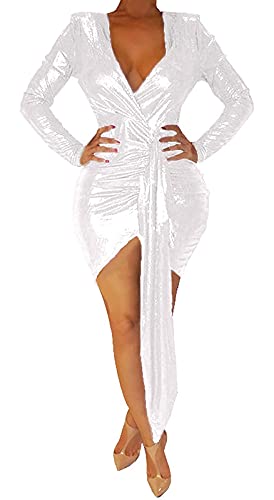 BestGirl Womens Sexy Deep V Neck Metallic Glitter Ruched Long Sleeve Party Dress (Small, Silver)