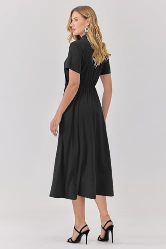Image of Newshows Women's Work Business Casual Outfits Tie Waist Midi Shirt Dress | Lightweight & Breathable Easy-care Fabric, Side Pockets, Decent Professional Attire, Church Office Funeral Outfits