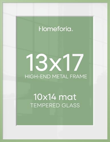 Image of Homeforia 13x17 Picture Frame Sage Green, High End Metal 13x17 Poster Frames with Mat 10x14 Photo, 13 x 17 Sage Green Frame Matted to 10 by 14 Art, 17x13 Thin Frame, Tempered Glass, Wall Kit, Set of 1