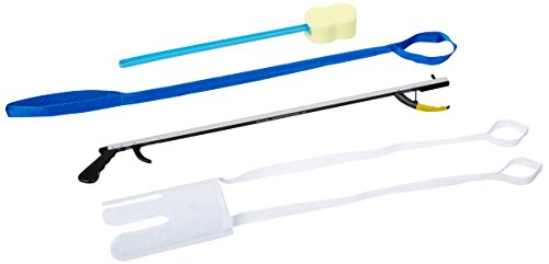 Sammons Preston Hip Kit 9, Four Essential Assisted Daily Living Aids for Limited Mobility, Includes 32″ Reacher Claw, Flexible Sock Aid, Rigid Leg Lifter, and Contoured Bath Sponge with Long Handle