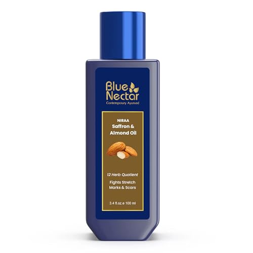 Blue Nectar Saffron & Almond Oil, Ayurveda Body Oil for Saggy Skin & Crepey Skin | Natural Firming Action for Reduced Appearance of Stretch Marks (12 Herbs, 100ml)