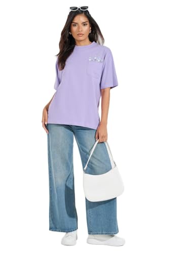 Styli Cotton Jersey Embroidered Pocket Detail T-Shirt Women's Tops, Tees & Blouses Lilac XS