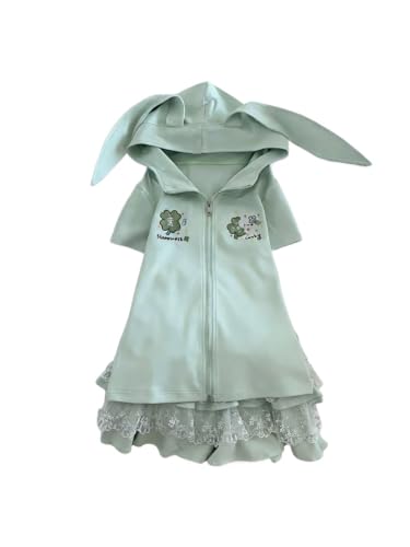 Y2K Cat Ear Zip Hoodie&Skirt Sold Separately, Kawaii Short Sleeve Hoodie and Black Pleated Skirt Coordinated Outfit-image-24