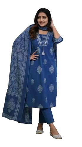 PARTHVI|Women's Pure Cotton Printed with Handwork Kurta with Pant...