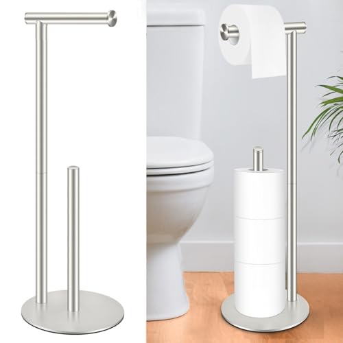 Toilet Paper Holder Stand, Rustproof Modern Free Standing Bathroom Tissue Holder Storage for 4 Rolls, Stainless Steel Anti-Slip Base with Reserve, Brushed Nickel, YOFOVI