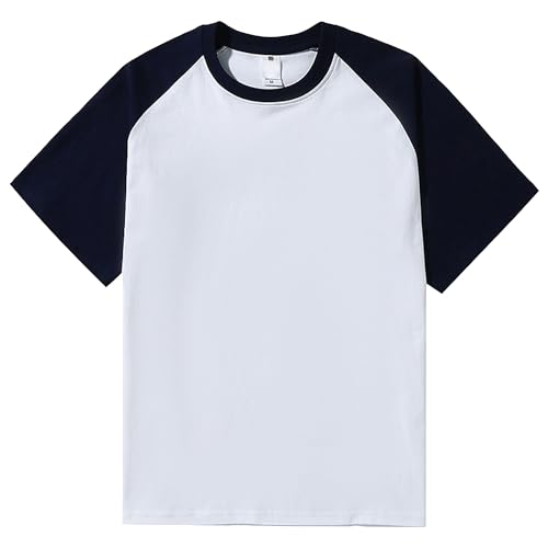Aosufei Men's Contrast Color Heavyweight T-Shirt Short Sleeve Cotton Loose Fit T-Shirt Comfort Crew Neck Casual Baseball T-Shirt (Dark Blue Sleeve,S)