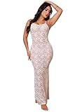 silkola Womens Sexy Lace Mesh See Through Dress Bodycon Lace Floral Maxi Gown Long Sheer Slip Party Club Dresses (White, L)