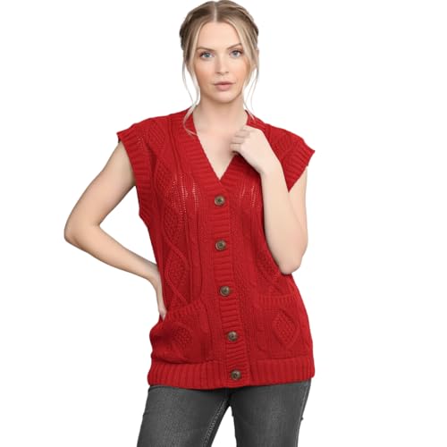 Image of LUXFAB Women's Sleeveless Cable Knit Cardigan Girl’s 5 Button Grandad Vest Chunky Knit Waistcoat Winter Layering Piece | Casual Knitted Sweater Red