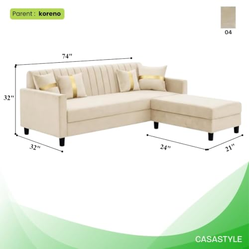 Image of CASASTYLE Korion 4 Seater L Shape Sofa Set with Movable Ottoman | Flexible Left or Right Layout | Cozy Velvet Fabric | Soft Touch Seating | Modern Designer Sofa for Living Room (Cream Color)