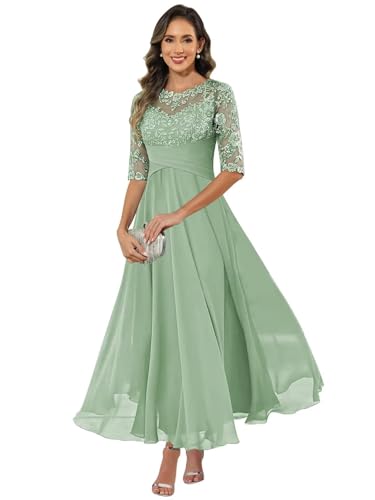 HUINI Damen Brautmutterkleid Chiffon Lang - Spitzen Formales Abendkleid Kleider Halbärmel A-Linie Festliche Für Hochzeit Salbeigrün 54