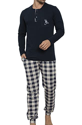 LOREZA ® Conjunto de Pijamas de Hombre Bata de algodón de Noche de Manga Larga - L - M-93907-Azul