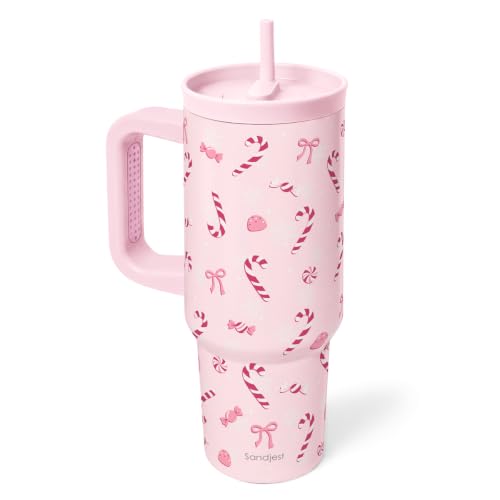 Candy Cane Holiday Stainless Steel Tumbler with Handle, 40 Ounce Locking Lid and Silicone Straw for Sports and Travel Women Girl Teen