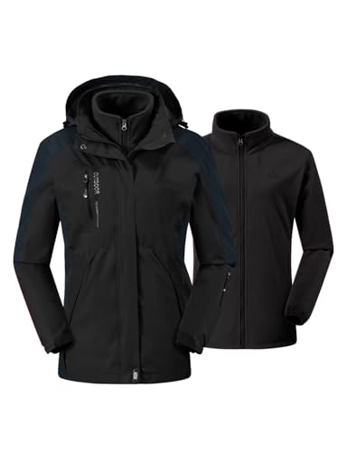 [Gopune] レディース アウトドア ジャケット 裏フリース マウンテンパーカー ウインドブレーカー アウターウェア 3in1コート 登山服 山ガール 防寒着 遠足 スキー 取り外し可能 春秋冬 ブラック L 1枚目