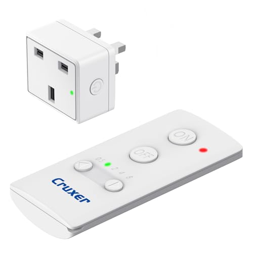 Cruxer Remote Control Timer Plug Sockets, 13A/3120W Anti-Surge Socket Switch with 50M/160FT Wireless Operating Range, Programmable, UKCA and RoHS Listed for Household Appliances, 1 Socket and 1 Remote