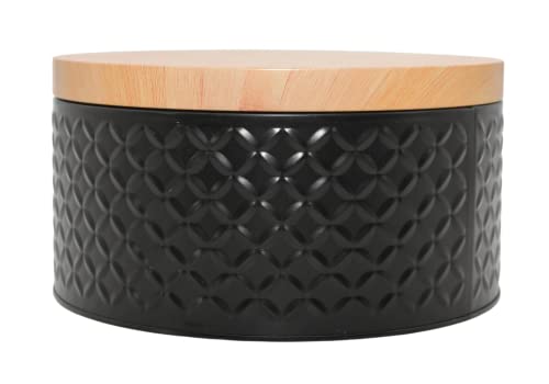 Dekohelden24 Tarro de metal para galletas en color negro, plano, tapa con aspecto de madera y estampado en relieve, tamaño: 10 x 19,5 cm de alto