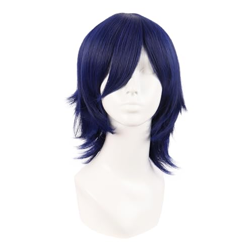 MapofBeauty 14 Inch Short Wolf Tail Side Bangs Party Wig, Dark Blue+Black