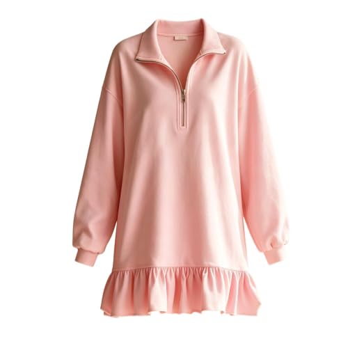 XINGJIAARTS Long Sleeve Mini Dress for Women Fall Half Zip V Neck Sweatshirt Dress Lapel Collar Cute Ruffle Pullover Dresses Pink Small - image 4