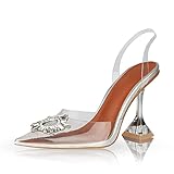 AMINUGAL Womens Slingback Clear High Heel Sandals Band Pointed Toe Triangle Heeled Rhinestones Crystal Dress Party Wedding Bride Shoes