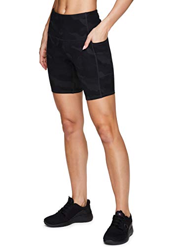 Top 10 Best RBX RN 63619 Reviews 2 RBX Active Women's Super Soft Peached 7' Camo Print Ultra Hold High Waist Squat Proof Yoga Bike Short with Pockets Camo Black 7-Inch L