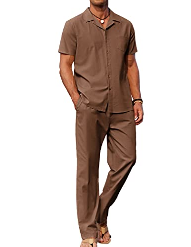 Image of COOFANDY Men 2 Piece Linen Outfit Beach Button Down Shirt Casual Loose Pant Sets