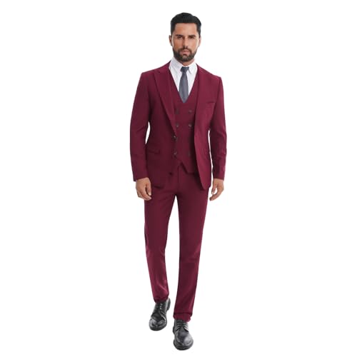 ALSOPICK 3 Piece Slim Fit Suit for Men One-Button Tuxedo Jacket Blazer Dress Suits for Wedding Business Prom Burgundy