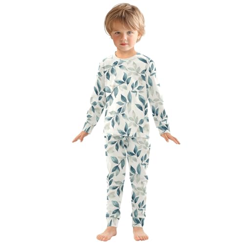 Fustylead Watercolor Teal and Gray Leaves Pajamas Cotton Sleepover PJ Set Long Sleeve Lounge Wear3