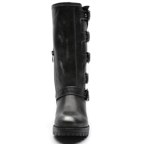 Image of GLOBALWIN Chunky Mid Calf Fashion Dressy Motocycle Biker Military Style Combat Boots for Women Low Heel