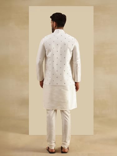 Image of SOJANYA Men's Silk Blend Cream Kurta and Pyjama With Daman Embroidered Nehru Jacket