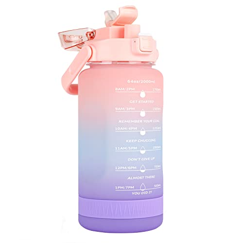 UeKeKicg 2 Litre Water Bottle, 64ozHalf Gallon Water Bottle with Time Marker/Straw/Chug One Lids