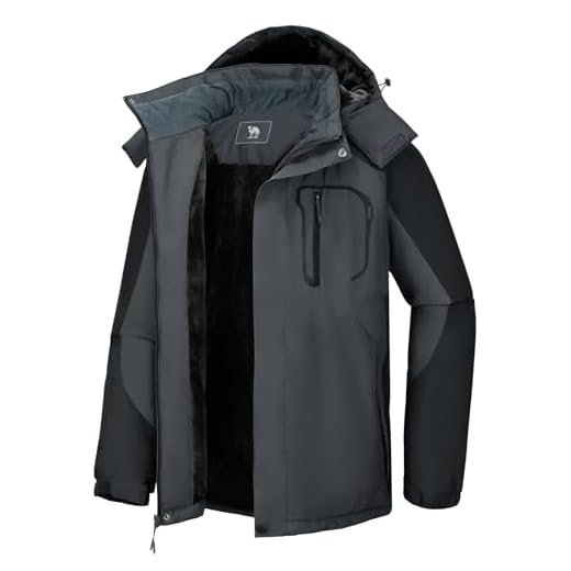 CAMEL CROWN Men's Ski Snow Jacket Waterproof Winter Snow Coat Windproof Warm Fleece Lining Hooded Parka Rain Jacket Grey/Black L