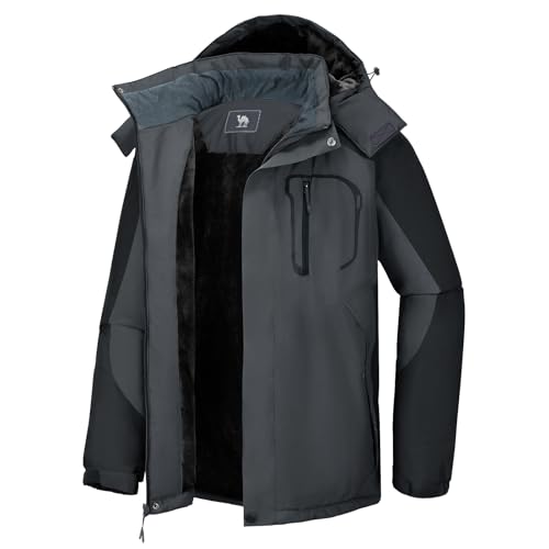 CAMEL CROWN Men's Ski Snow Jacket Waterproof Winter Snow Coat Windproof Warm Fleece Lining Hooded Parka Rain Jacket Grey/Black L