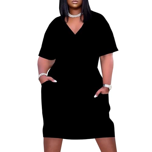 Image of Women Casual T-Shirt Dress V Neck Short Sleeve Solid Color Oversize Dress with Front Two Pockets