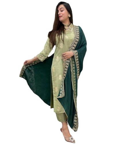 Image of GoSriKi Women's 3 Piece Kurta Pant Dupatta Set | Silk Cotton Kurta Sets for Woman | Kurti Set for Woman | Elegant Suit Set for Women Cotton | Women Kurta Sets with Dupatta Cotton