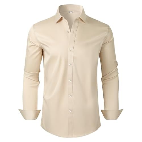Mens Dress Shirts Long Sleeve Collared Shirt Wrinkle Resistant Formal Shirts Business Casual Button Down Shirt Large 00105_beige