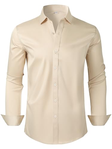 Ficovis Mens Dress Shirts Button Down Long Sleeve Business Beige Cream L