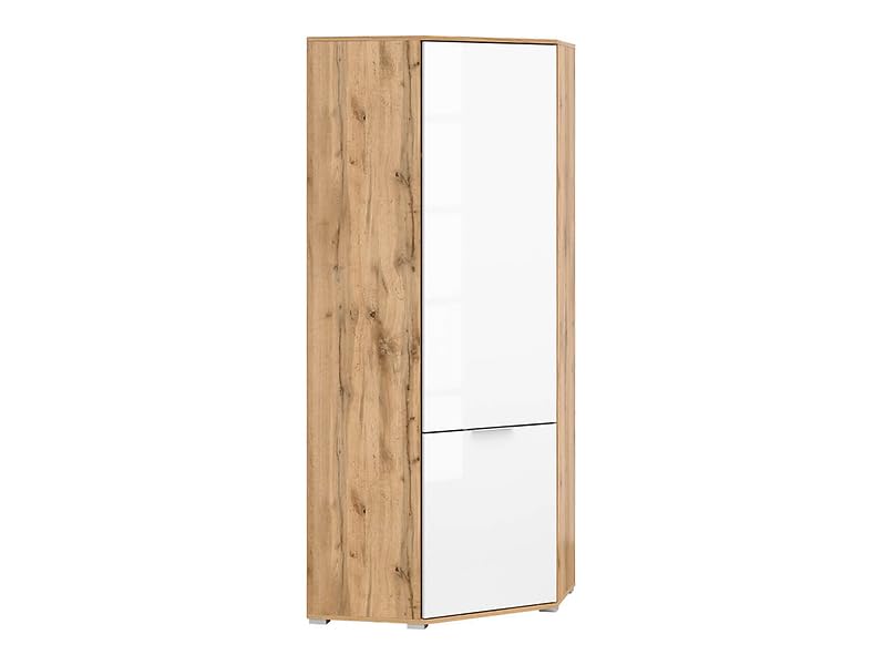 PEGANE Armoire d'angle Placard de Rangement 1 Porte,Coloris Chêne wotan/Blanc Brillant - Longueur 78 x Profondeur 78 x Hauteur 195 cm