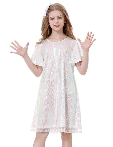 Girls Sequin Dress Sparkling Short Flutter Sleeve Midi Shiny Dance Dress with Bow Hair Clip3